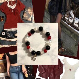 Handmade red and black bracelet with stainless steel star charm